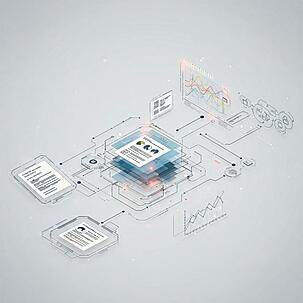 Abstract digital illustration of interconnected documents, charts, and workflow elements representing engineering change management systems on a light gray background